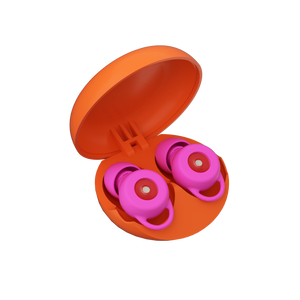 Tapones auditivo con filtro de color rosa dentro de un estuche naranja