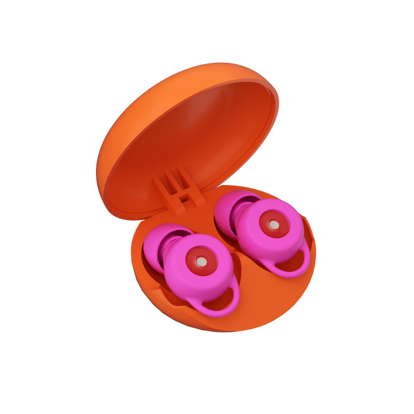 Tapones auditivo con filtro de color rosa dentro de un estuche naranja