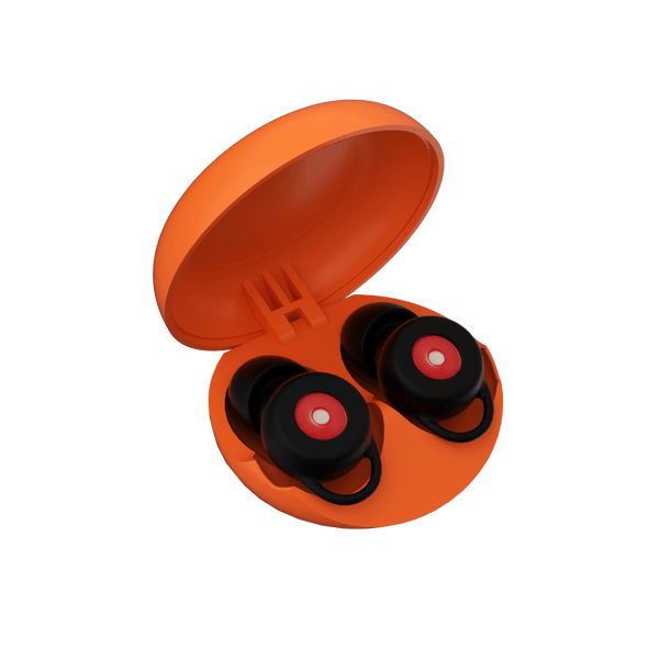 Tapones Mood Happy con reducción de 23 dB y filtro reductor de ruido dentro de un estuche naranja