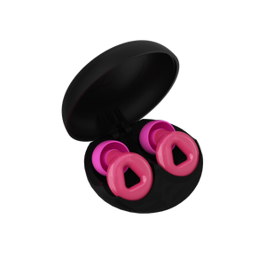 Tapones auditivos para trabajar de color rosa en un estuche negro