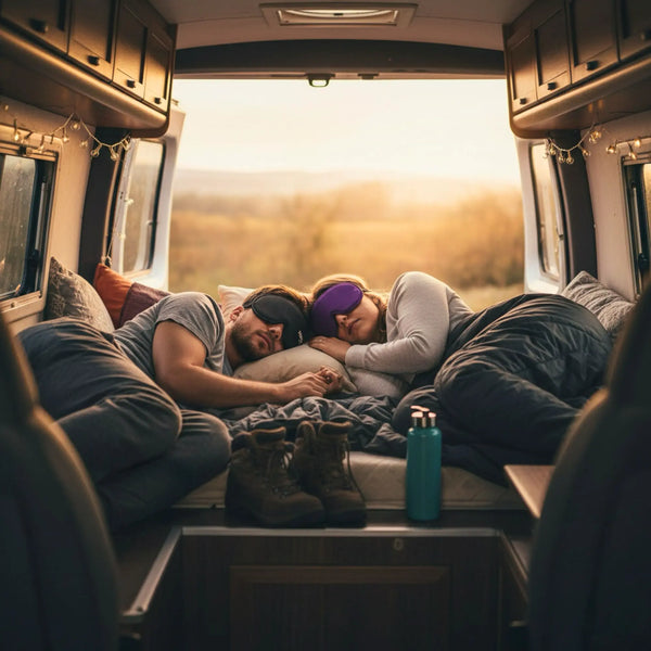 Pareja descansando con total oscuridad gracias al antifaz blackout Mood Earplugs en una furgoneta camper, ideal para viajes por España.