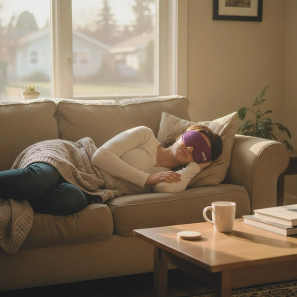Mujer joven relajada en el sofá con el antifaz Blackout púrpura de Mood Earplugs, diseño ergonómico para un descanso con estilo en España