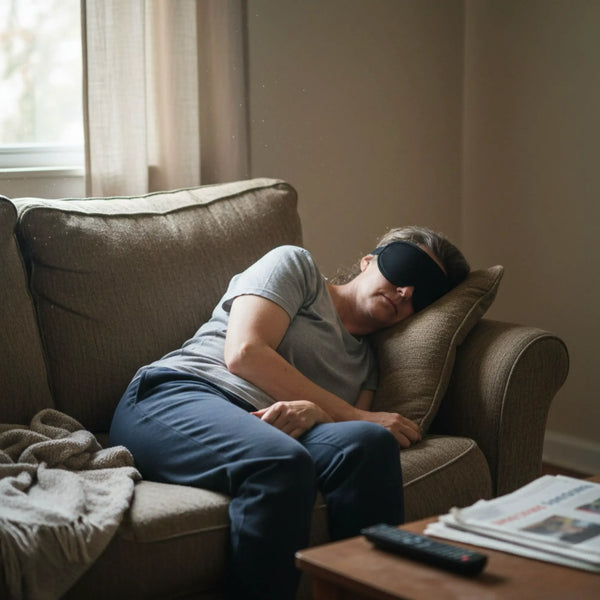 Mujer descansando en el sofá con el antifaz Blackout de Mood Earplugs, ideal para una siesta reparadora en total oscuridad.