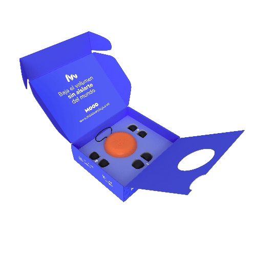 Caja abierta de Mood Happy color azul mostrando el estuche circular naranja, los tapones y las almohadillas de repuesto.