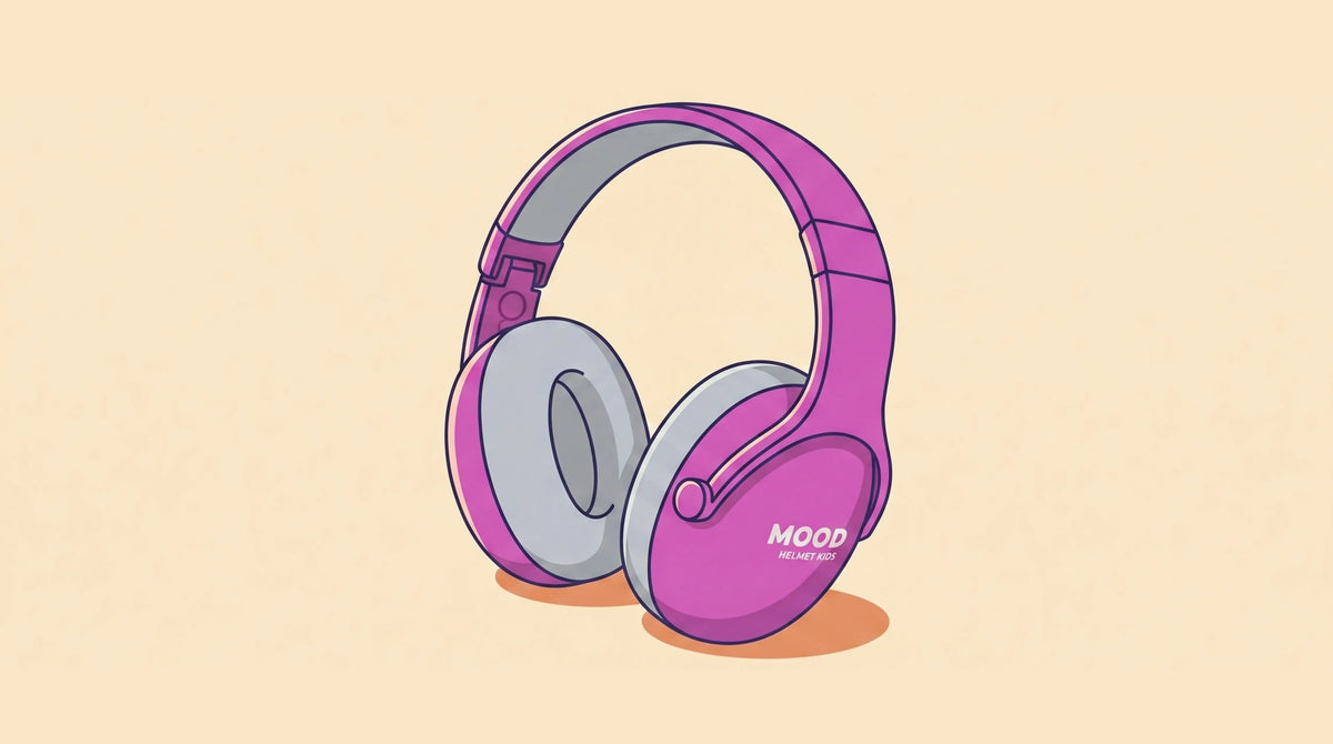 Cascos antiruido infantiles Mood Relax Kids. ilustración sobre decibelios pirotecnia,niños y riesgo.