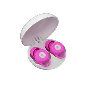 Tapones con filtro de color rosa metidos en un estuche de plástico de color blanco