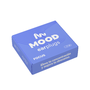 Caja de tapones para los oídos Mood Earplugs Focus color azul, diseñados para elevar la concentración y mejorar el descanso con reducción de 27dB.