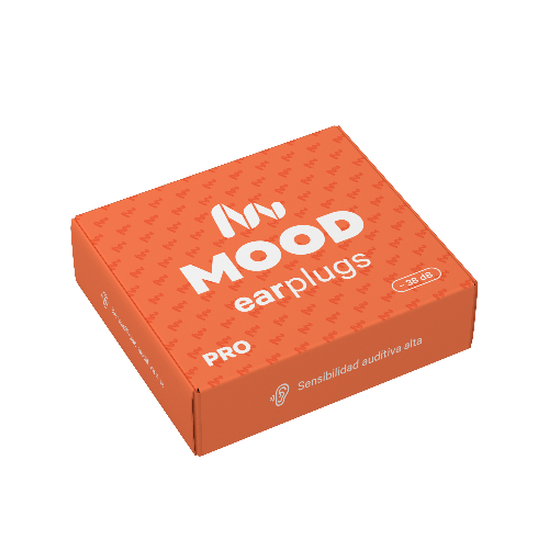 Caja de tapones para los oídos Mood Earplugs Pro color naranja con reducción de ruido de 38dB para alta sensibilidad.