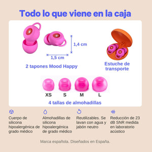 contenido de la caja de los tapones mood happy rosa #pink