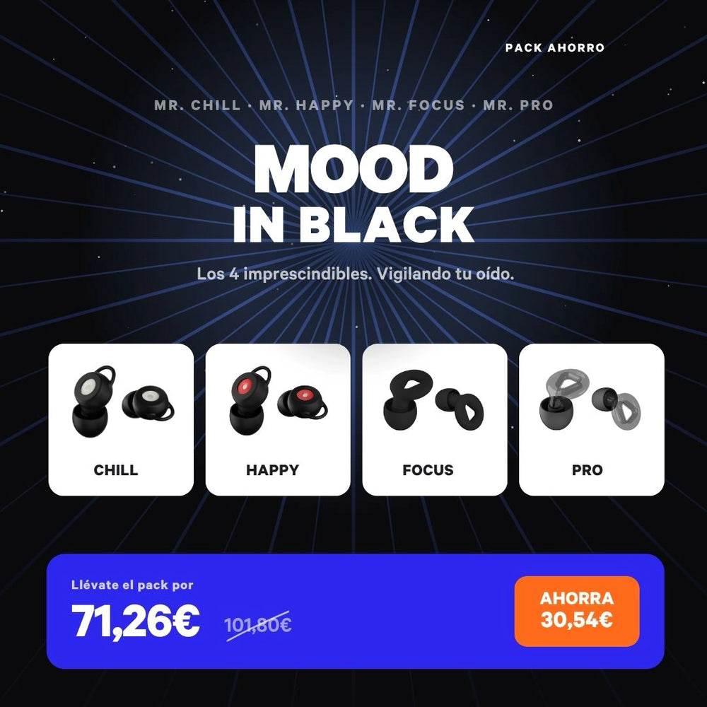 Pack descuento en tapones para los oídos de color negros de la marca española Mood Earplugs