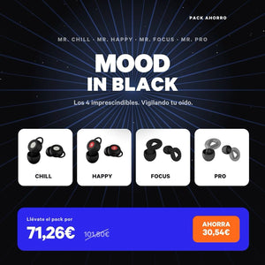 Pack descuento en tapones para los oídos de color negros de la marca española Mood Earplugs