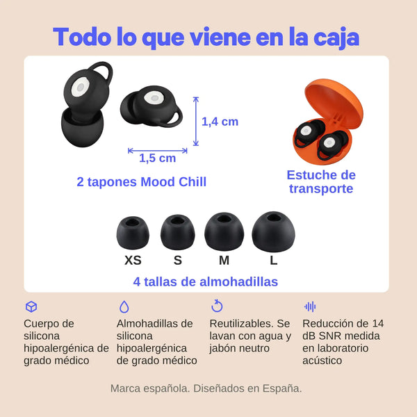contenido de la caja de los tapones para los oidos con filtro mood chill #black